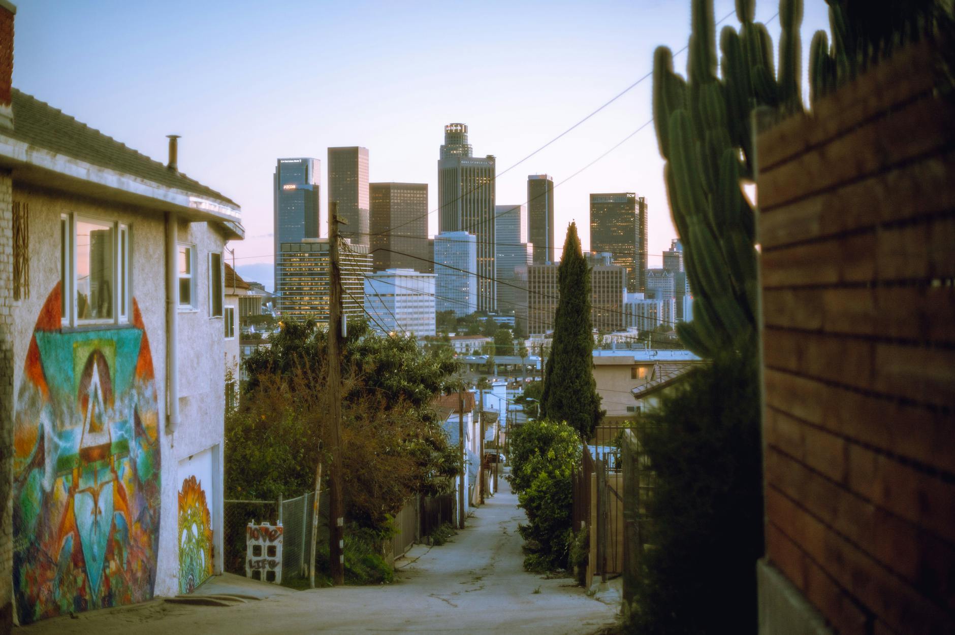 narrow alley and skyscrapers behind in los angeles