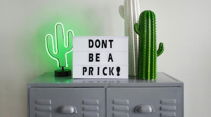 green and white cactus table decor on gray steel file cabinet