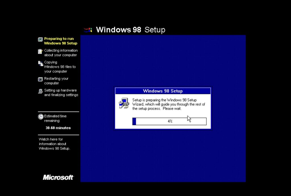 Setup is preparing the Windows 98 Setup Wizard