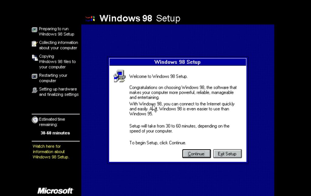 Windows 98 Setup, To begin Setup, click Continue