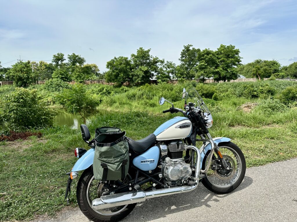 Meteor 350 near a village pond