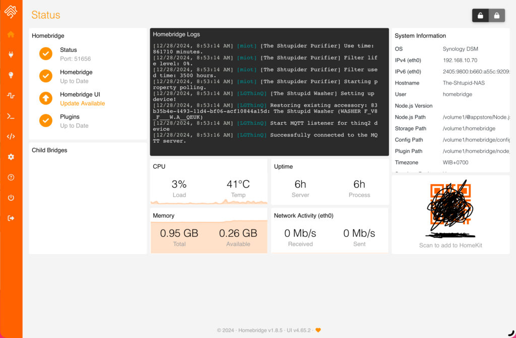 Homebridge Dashboard running on Synology DSM