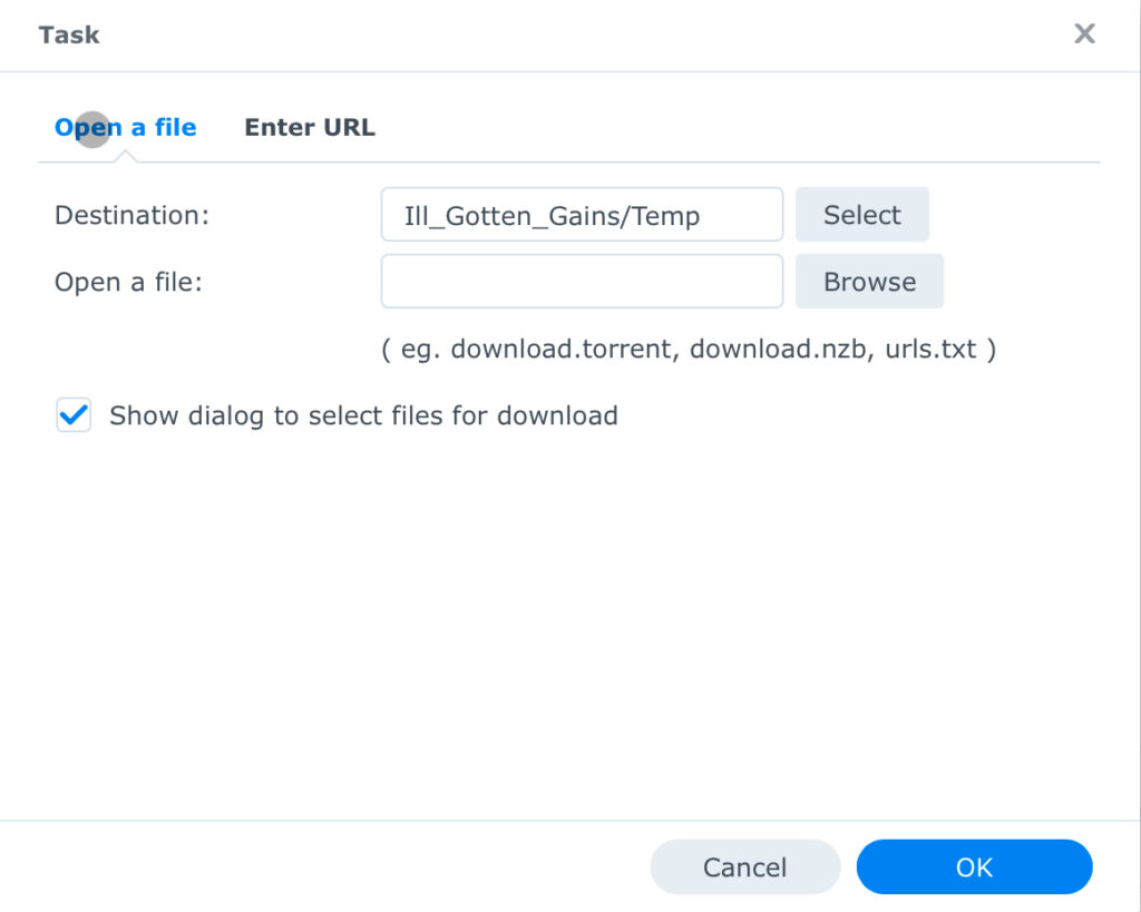 Synology Download Station file dialogue