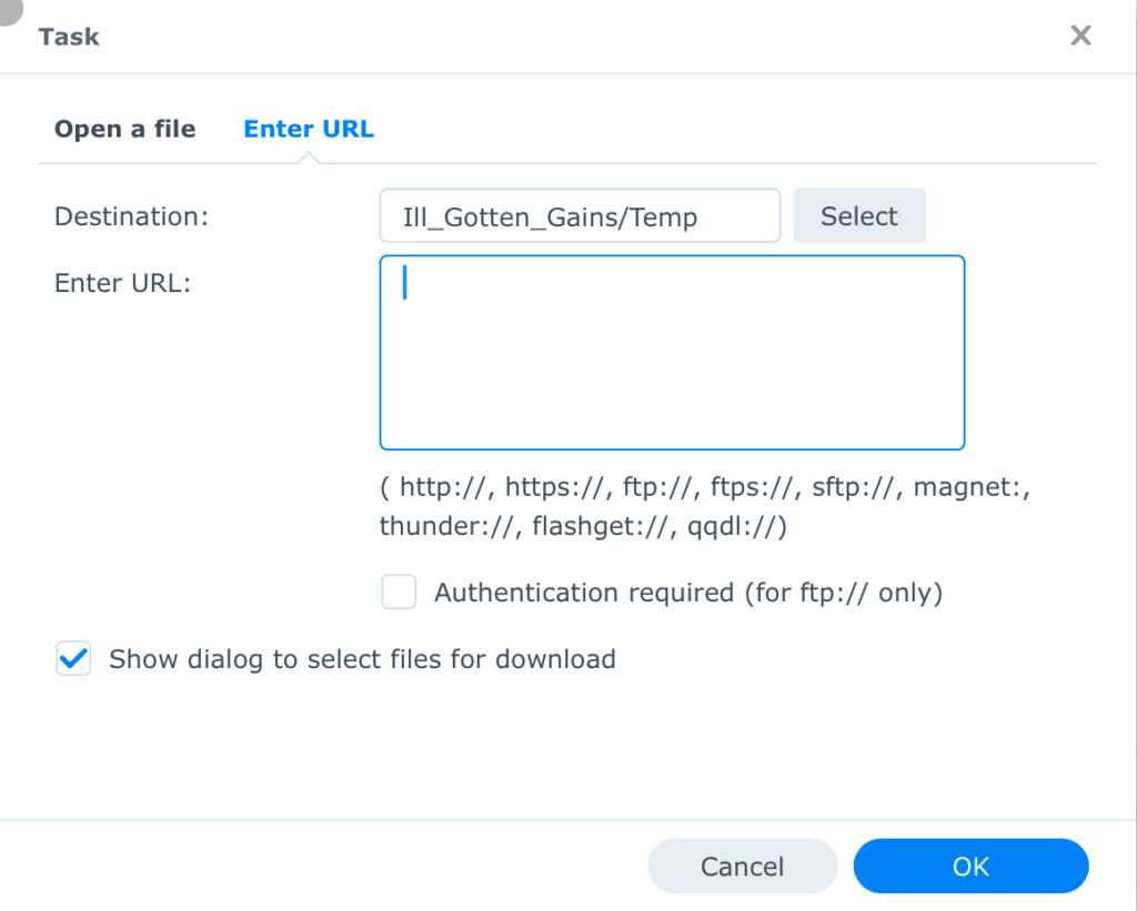 Synology Download Station URL dialogue