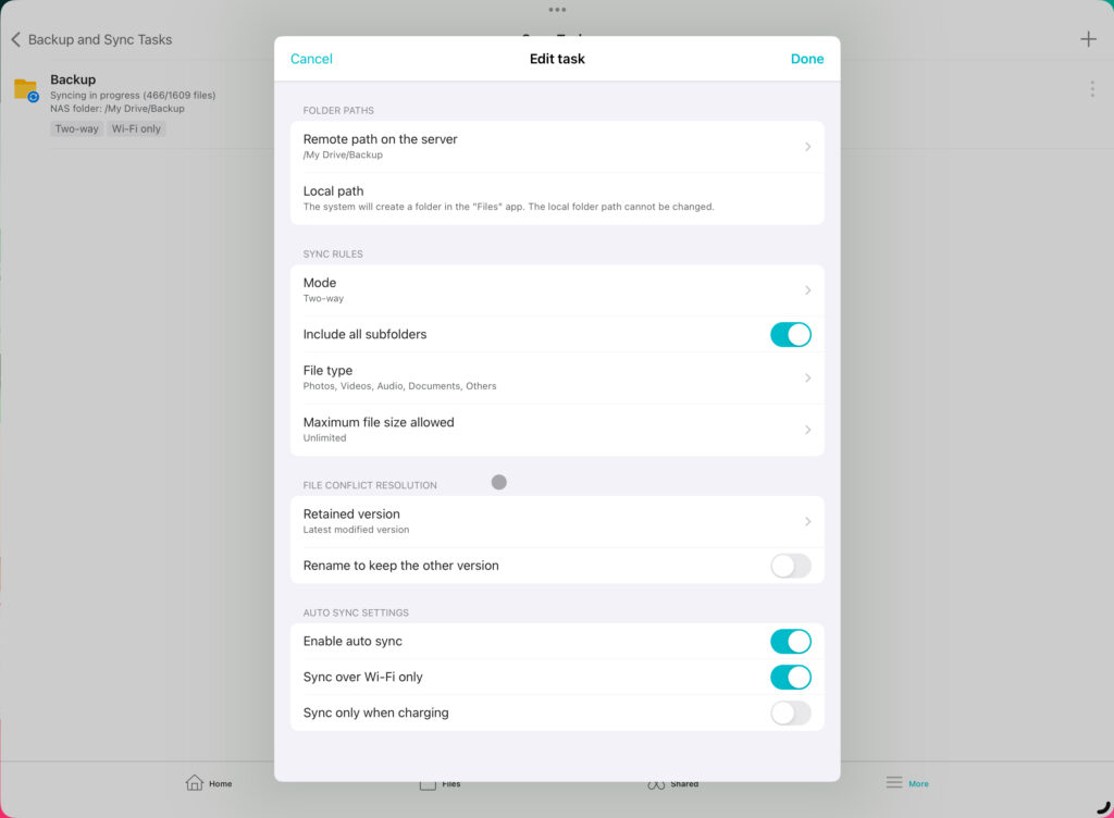 Synology Drive sync task settings