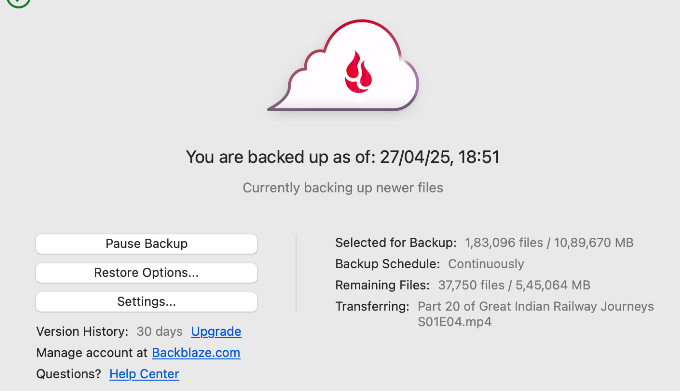 Backblaze backup on macOS