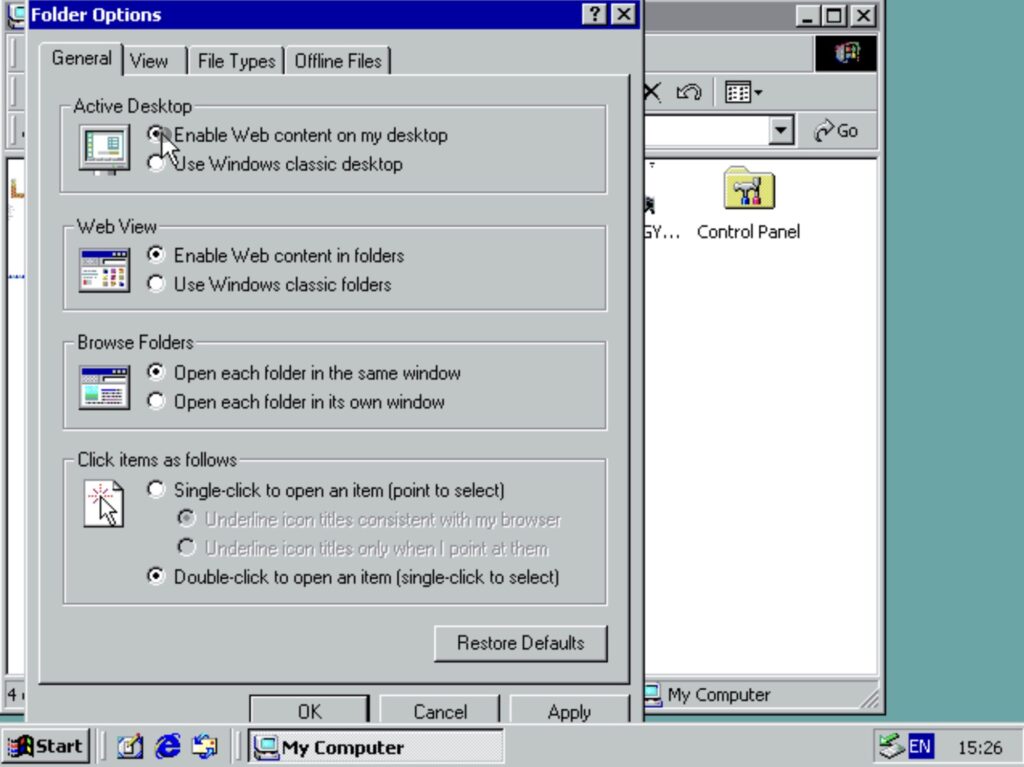 Folder Options : Enable Web content on my desktop