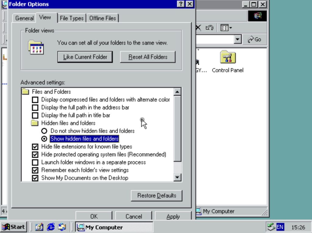 Folder Options : Show hidden files and folders