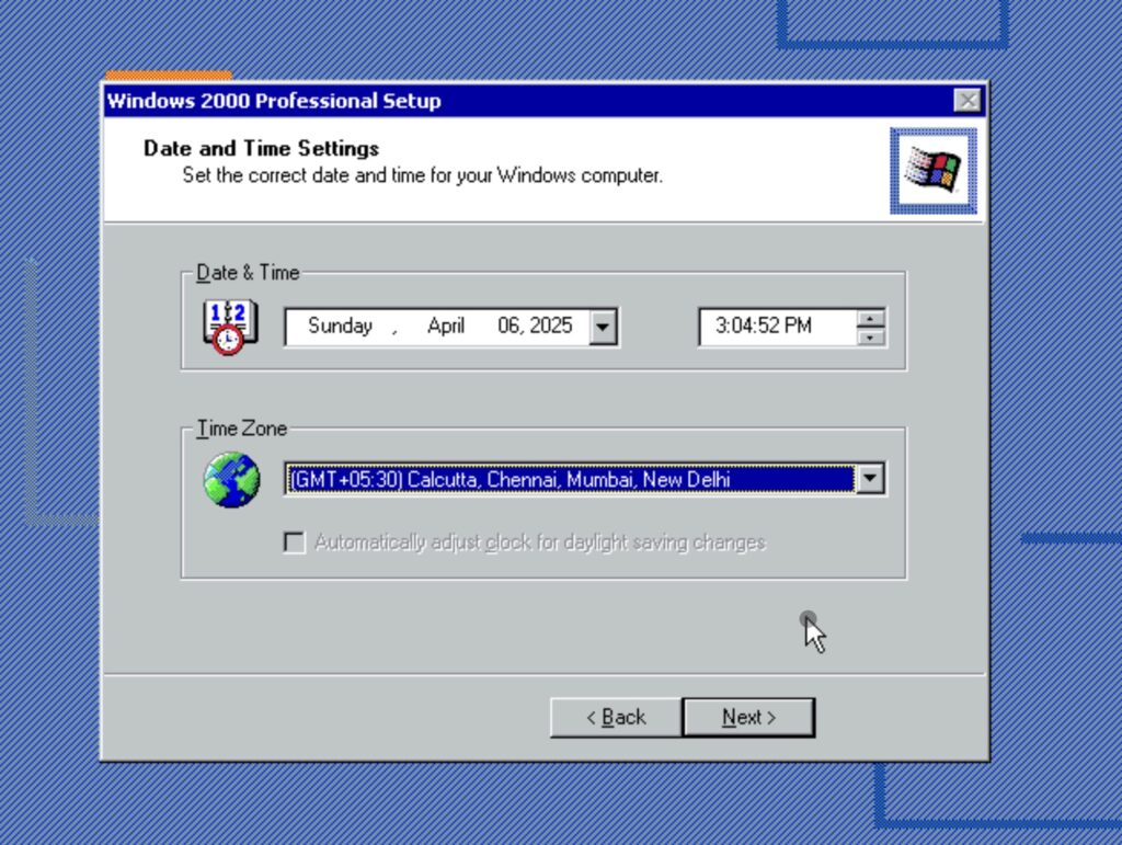 Windows 2000 Professional Setup: Date and Time Settings