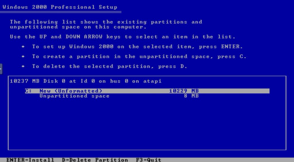 Windows 2000 Professional Setup: Existing Partitions