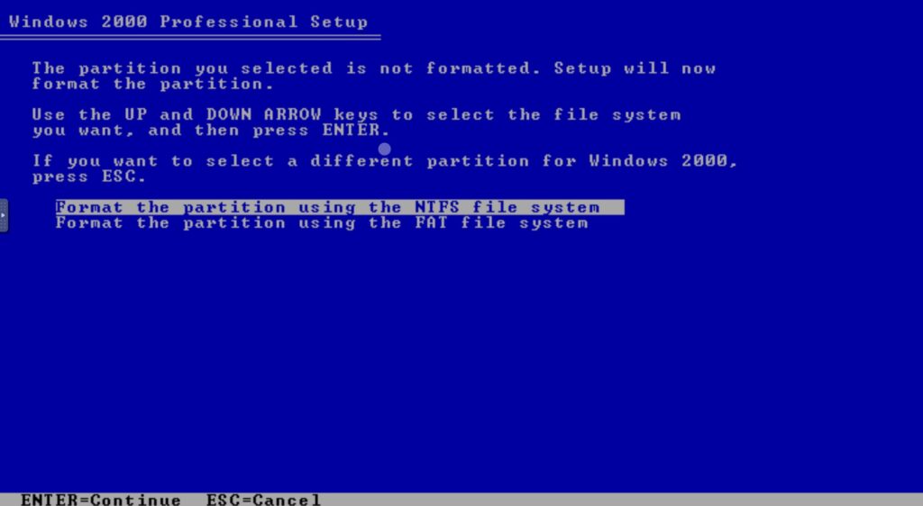 Windows 2000 Professional Setup: Format the partition using the NTFS file system