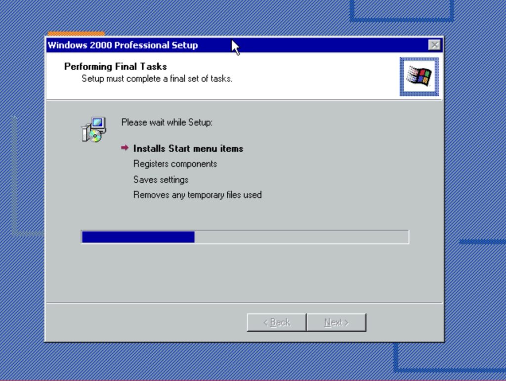 Windows 2000 Professional Setup: Please wait while Setup: Installs Start menu items