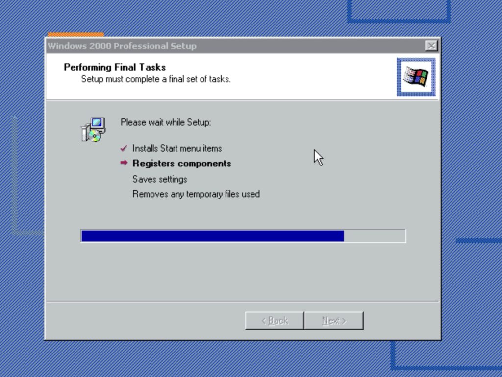 Windows 2000 Professional Setup: Please wait while Setup: Registers components