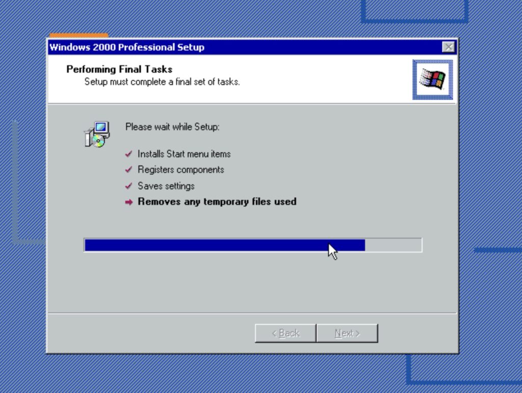 Windows 2000 Professional Setup: Please wait while Setup: Removes any temporary files used