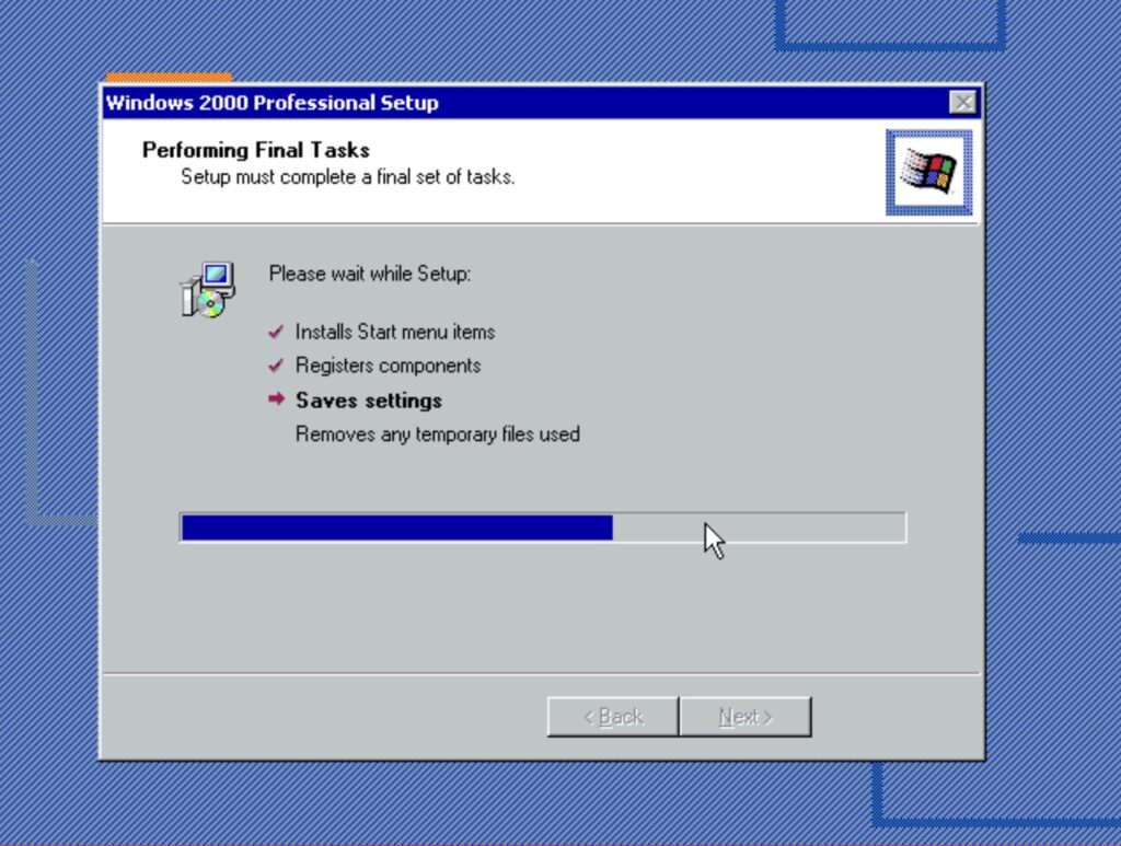 Windows 2000 Professional Setup: Please wait while Setup: Saves settings