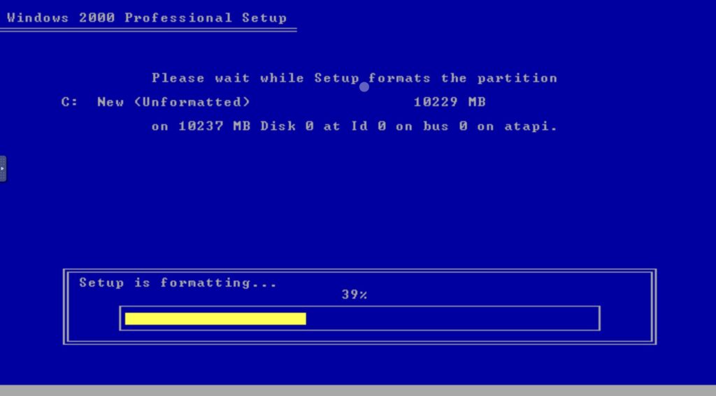 Windows 2000 Professional Setup: Setup is formatting