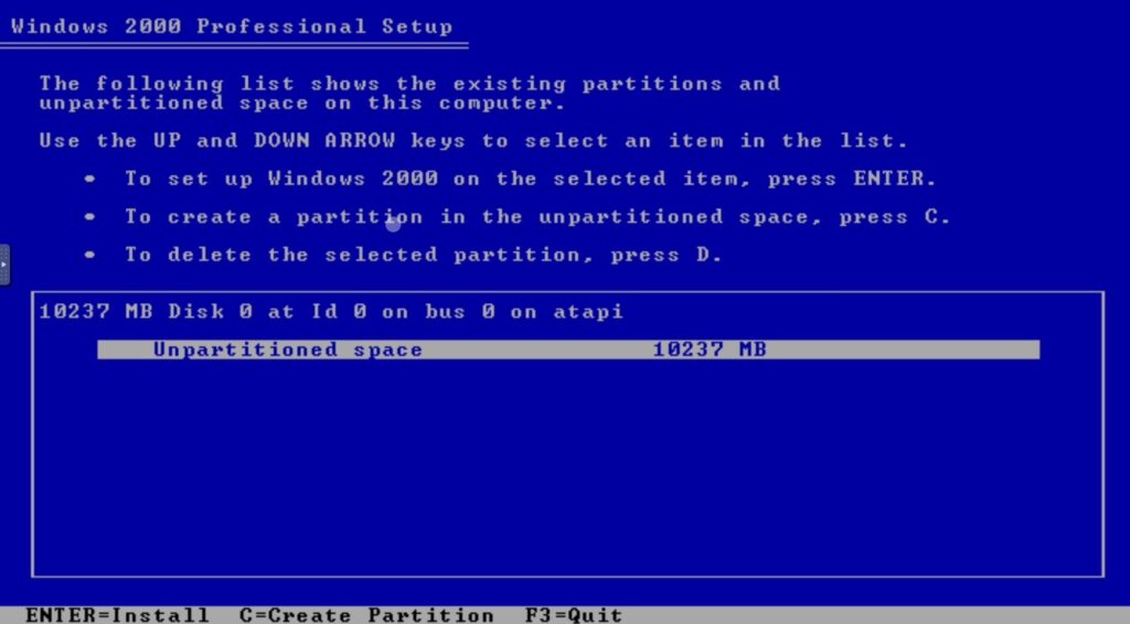 Windows 2000 Professional Setup: Unpartitioned space