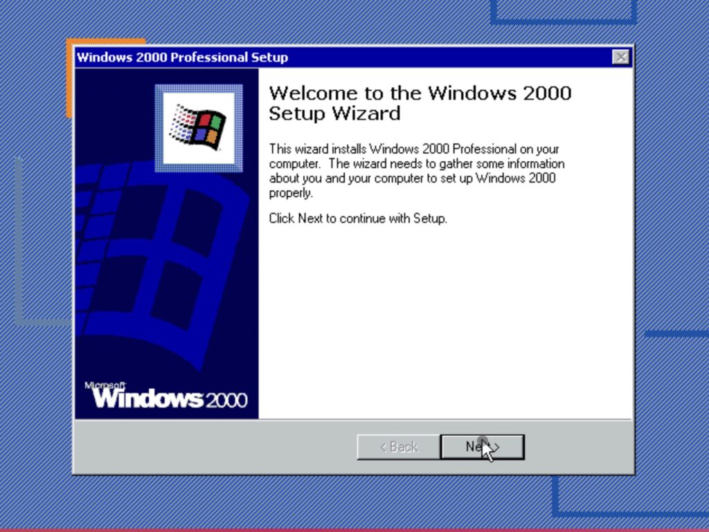 Windows 2000 Professional Setup: Welcome to the Windows 2000 Setup Wizard