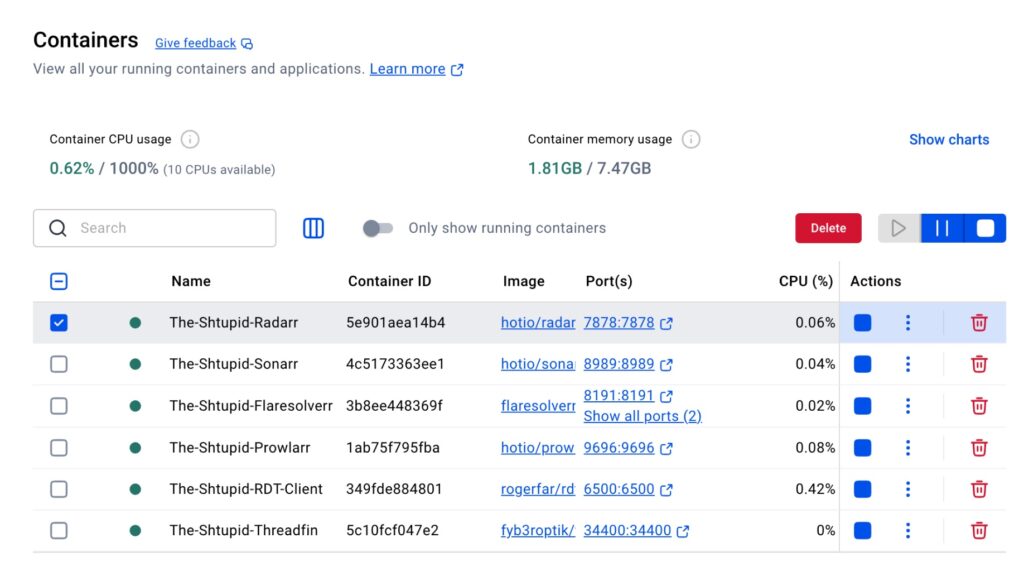 Containers running peacefully in Docker Desktop