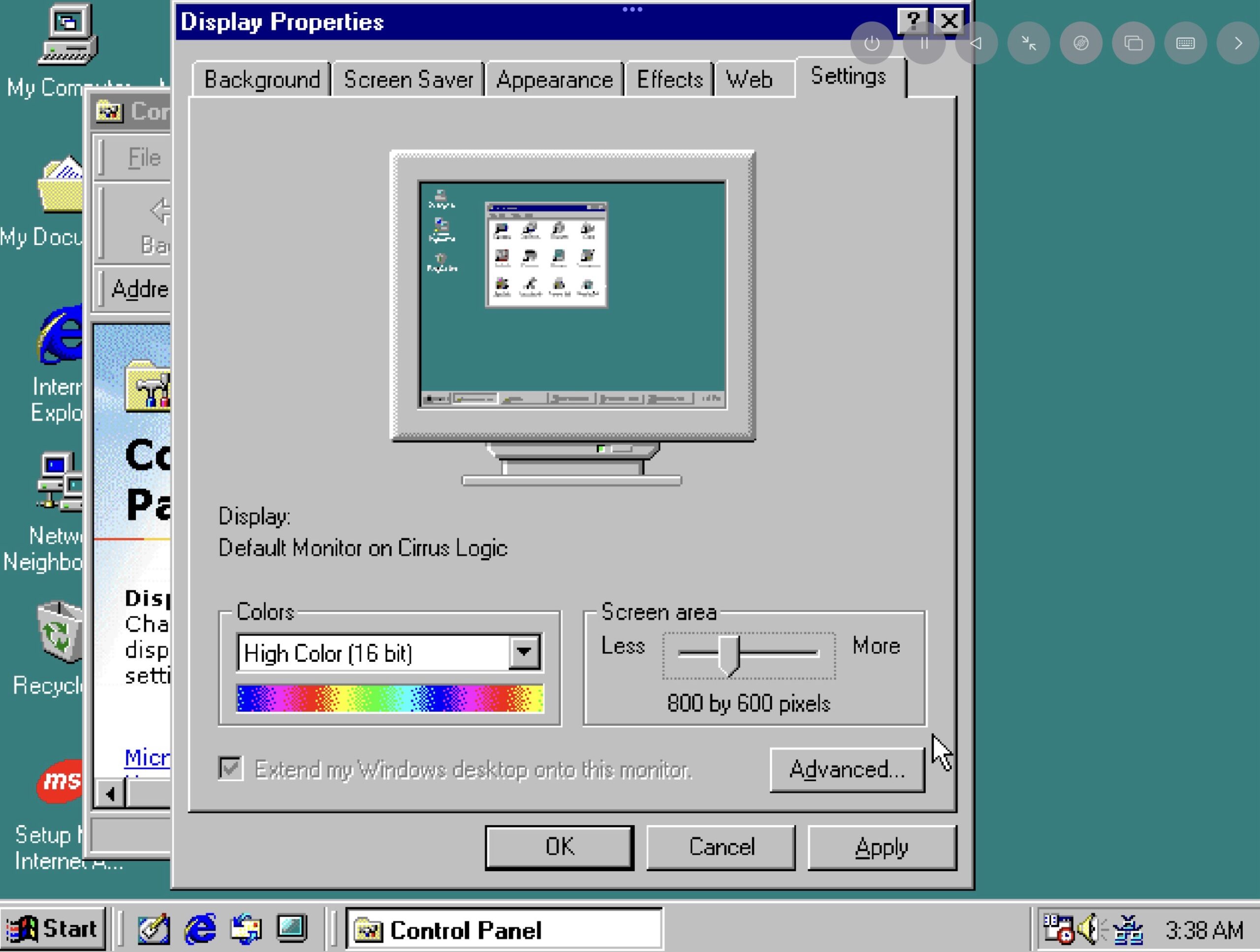Display Properties : High Color (16 bit) and 800 by 609 pixels