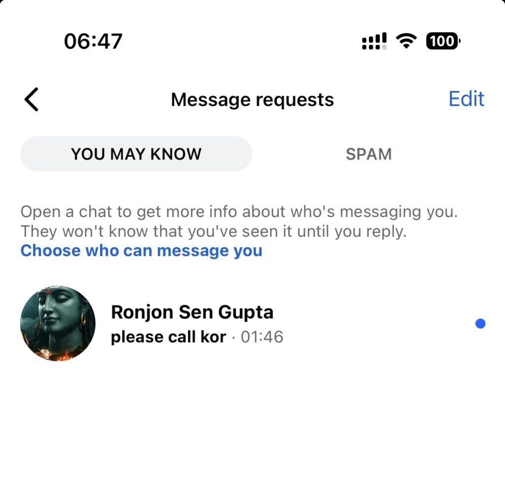 Bhikhari Mama trying to contact on Facebook Messenger