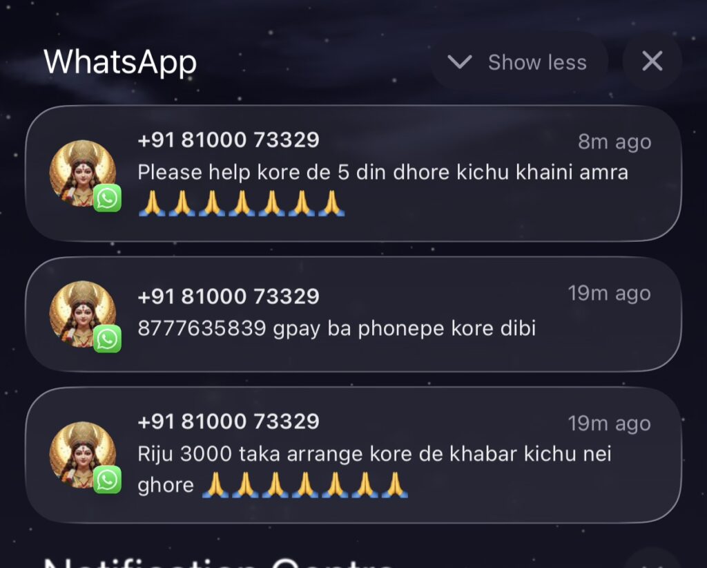 Bhikhari Mama says: 1. Please help, we haven’t eaten anything for 5 days 2. Send money to 8777635839 3. Please arrange ₹3000 there’s no food at home