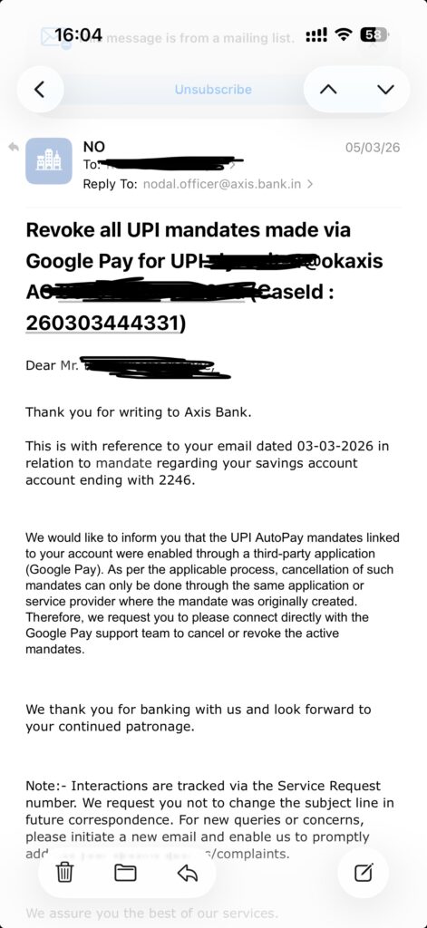 Axis Bank cannot cancel my UPI mandates