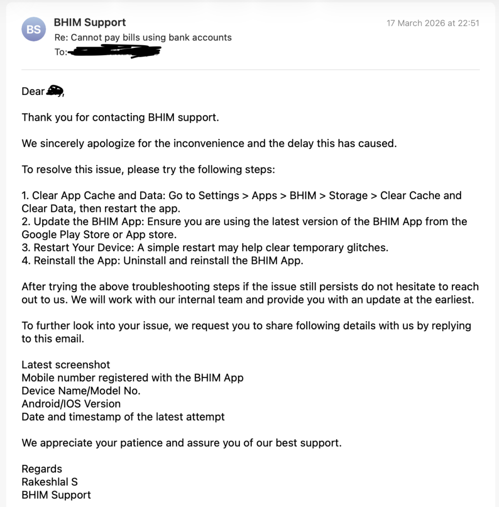 Generic email from BHIM customer care