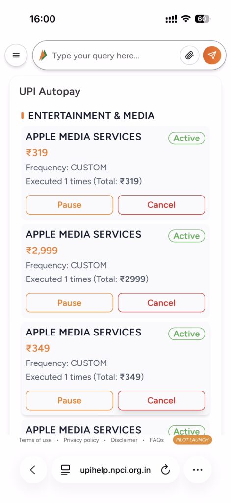 UPI Help showing my AutoPay mandates